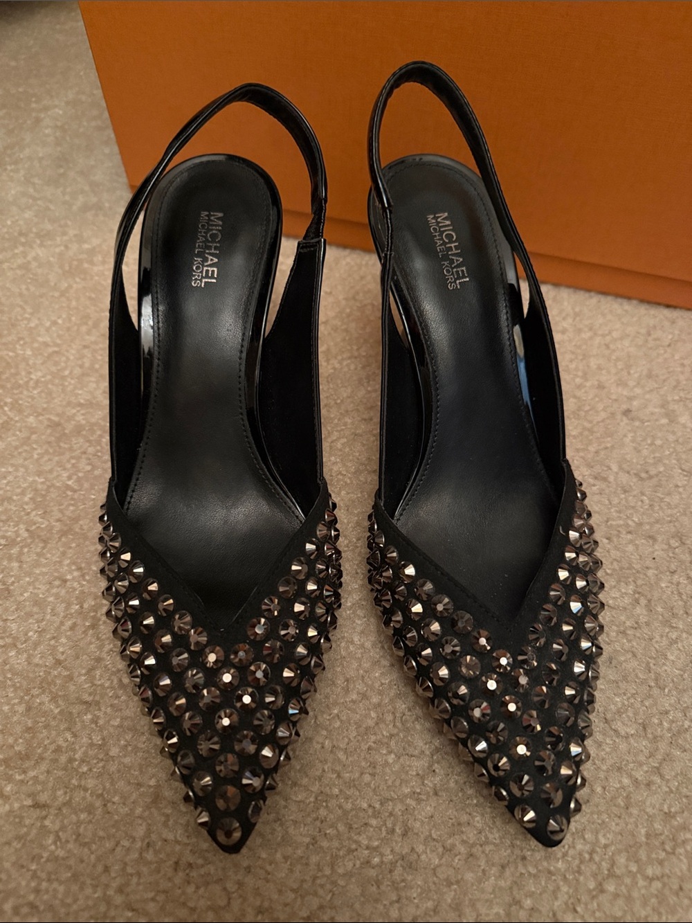 Michael Kors Black Studded Pointed Slingback Mules, very comfy